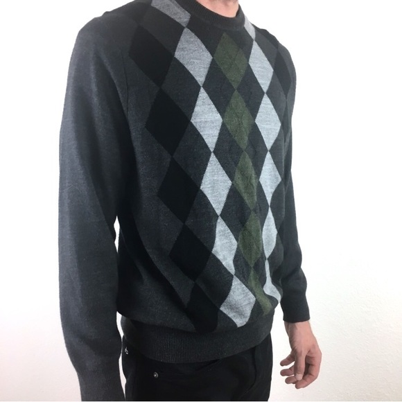Gray Green Crewneck Sweater Argyle Plaid - Picture 2 of 6